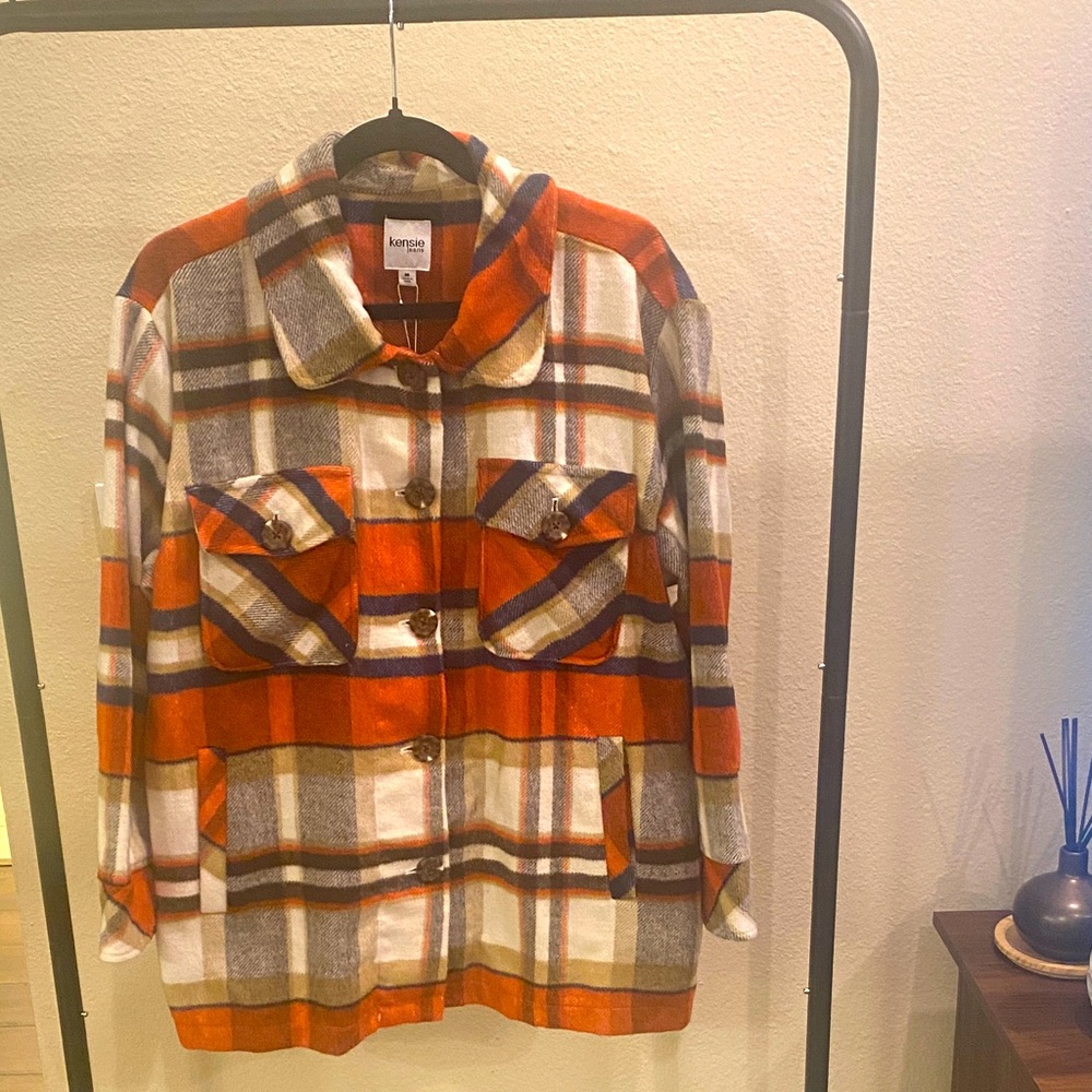 Kensie Women's Orange and Gray Plaid Utility Jacket